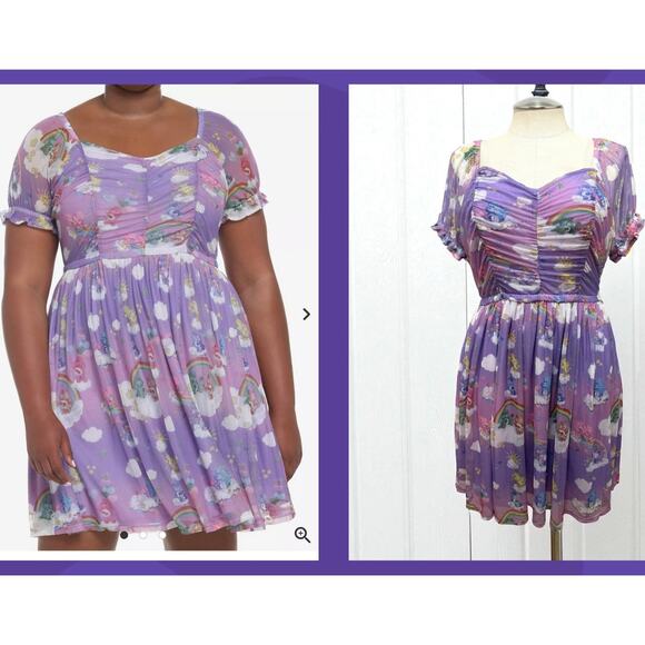Hot Topic Plus Size 1 Care Bears Rainbow Purple Mesh In Clouds Skater Dress Punk - Picture 1 of 4